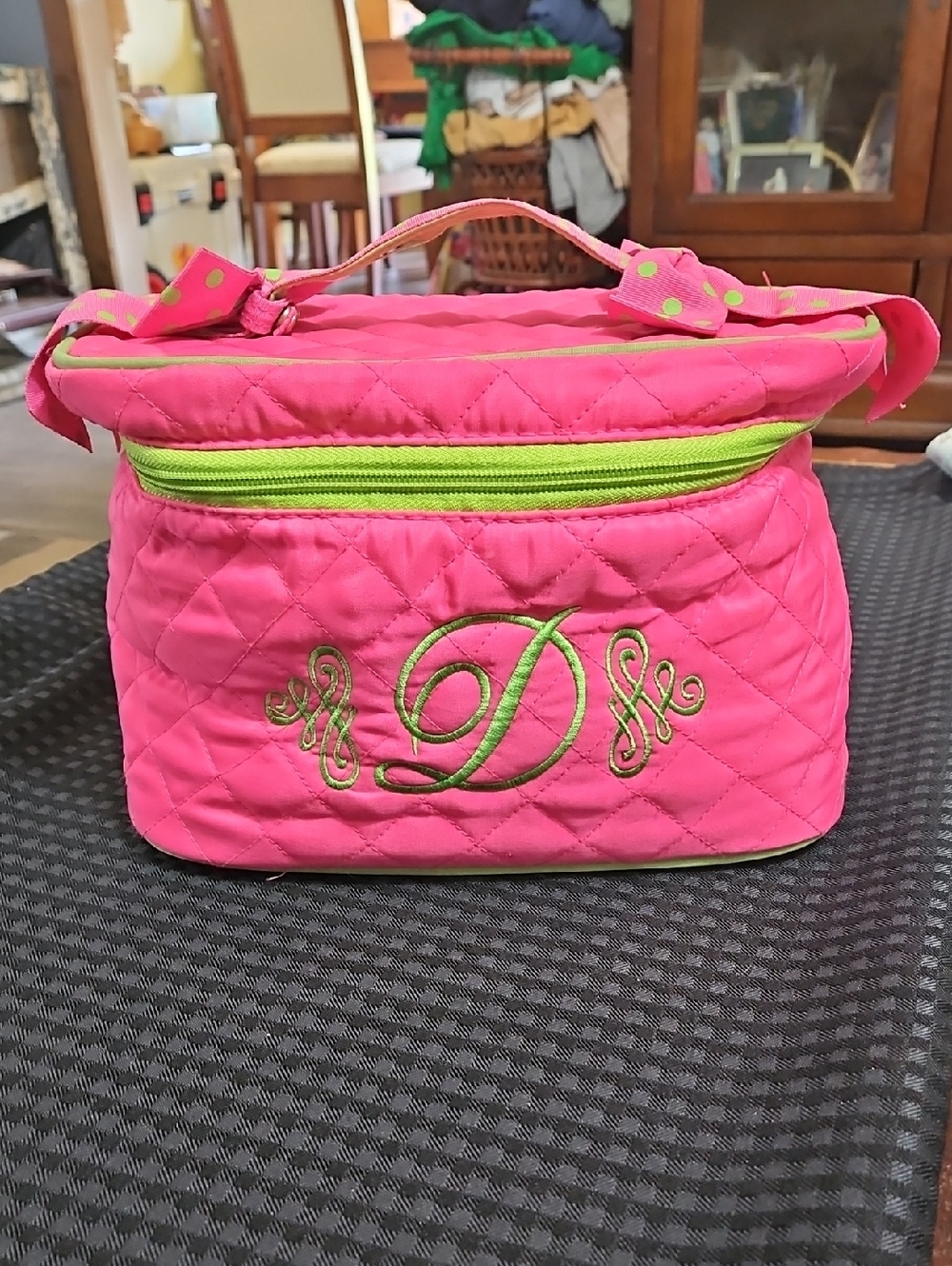 Vivary, Pink And Green, Makeup, Cosmetic, Bag, Monogrammed "D", Train Case